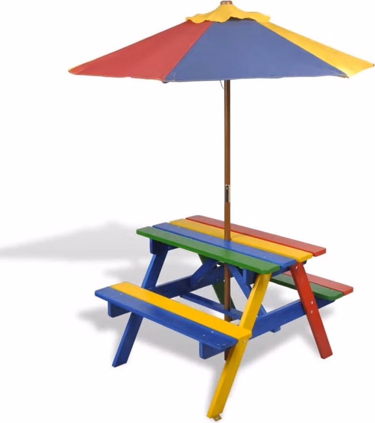 Maison Exclusive - Tavolo da picnic per bambini con panche e ombrellone Multicolore Legno