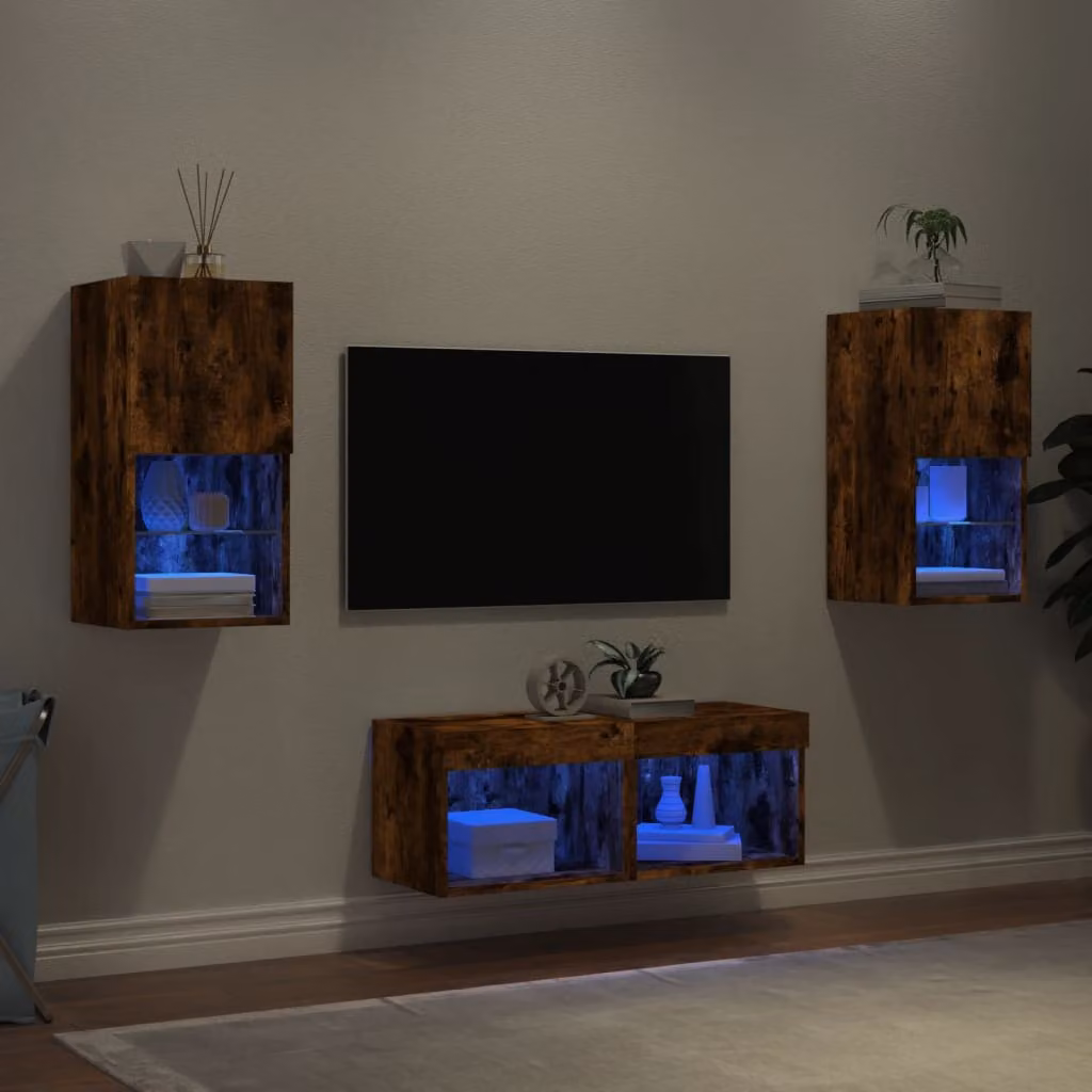 Set di 4 mobili TV da parete vidaXL con luci LED integrate in rovere marrone e vetro – 1