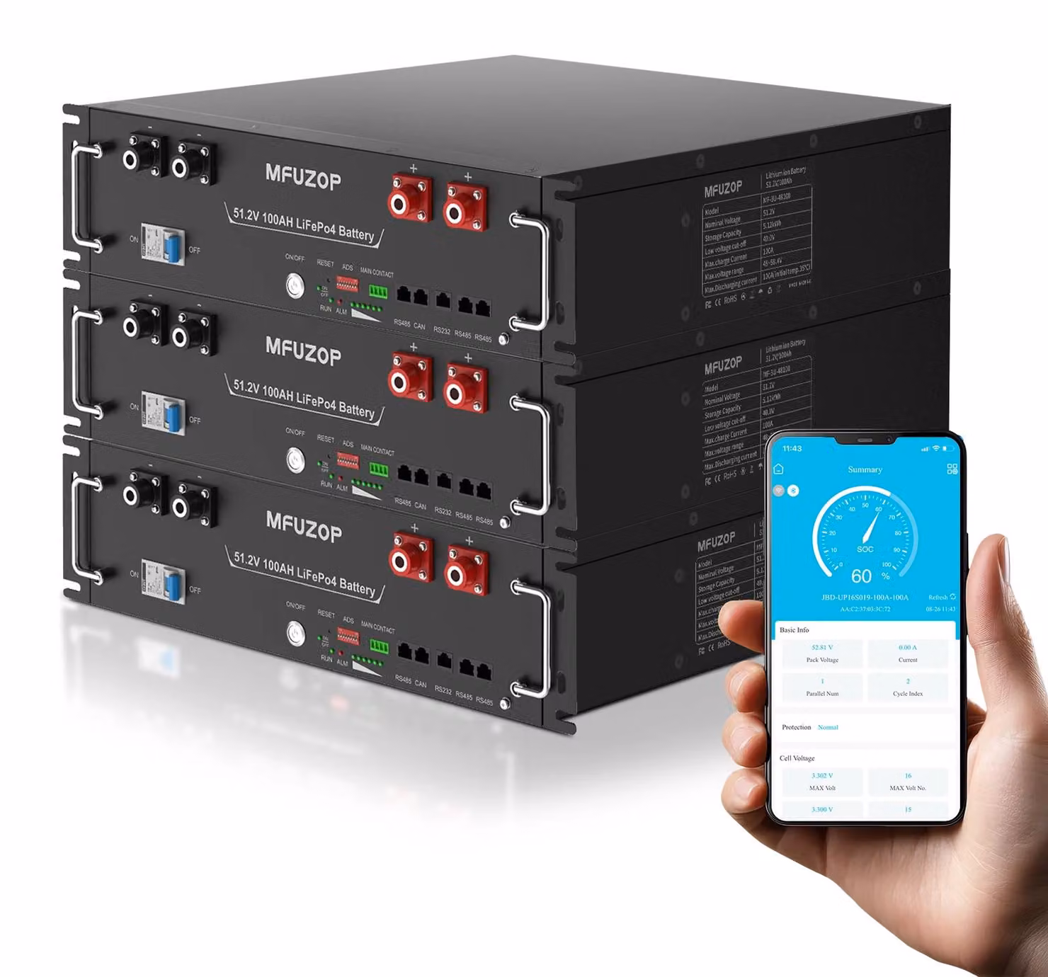 Batterie LiFePO4 - Modello MF-3U-48100 - 51,2 V, 300 Ah - 5,12 kWh - Fino a 15 unità collegabili in parallelo - Interfacce RS485/CAN/RS232 - Adatte per sistemi solari off-grid (autonomi)