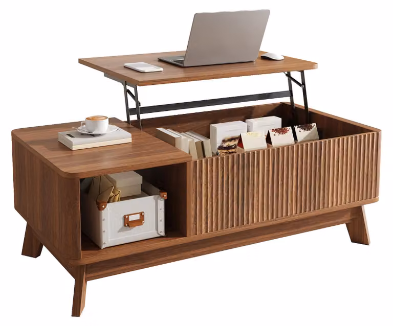 Tavolino Moonbite con funzione hub, 95 cm, noce. Tavolino da soggiorno con motivo a onde, spazio contenitivo nascosto e vano aperto laterale. Gambe e piano in MDF, finitura noce