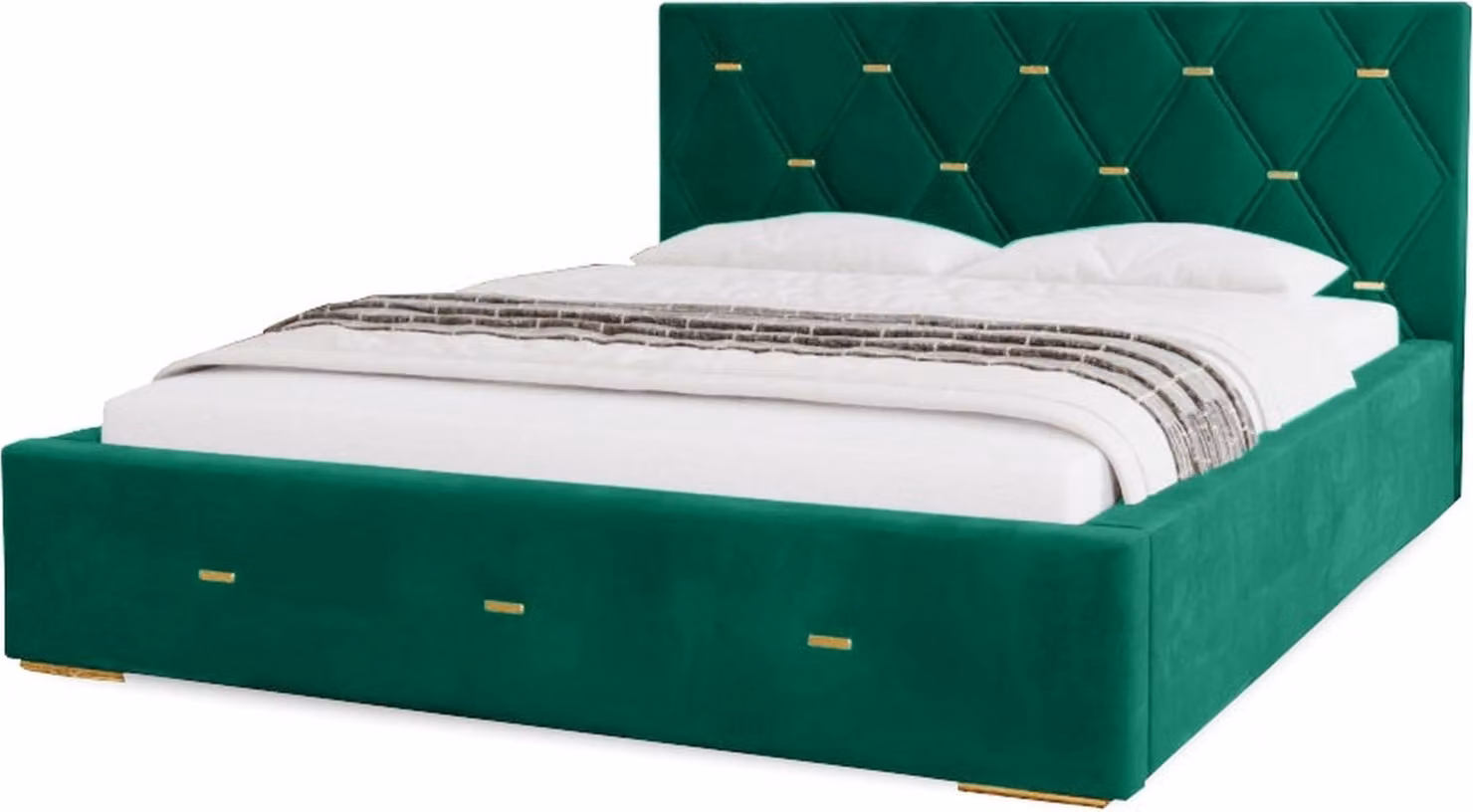 Letto imbottito Golden Premium 160x200 cm, letto con testiera, letto matrimoniale con contenitore e rete a doghe in legno, tessuto in velluto: verde