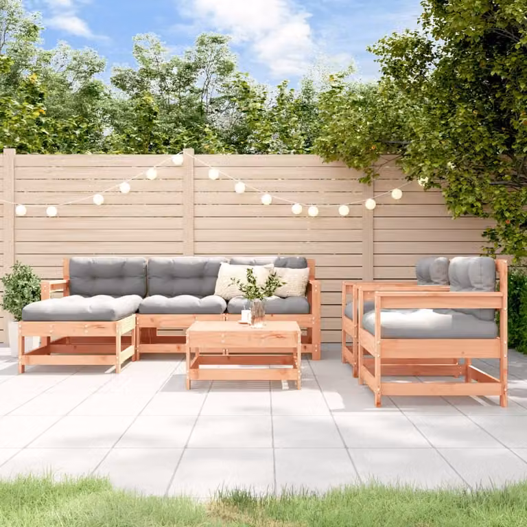 Set Salotto da Giardino vidaXL 7 pz in Legno Massello con Cuscini, Design Moderno a L, Colore Marrone e Grigio