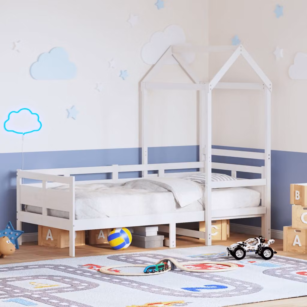 vidaXL Letto a casetta per bambini in legno massello di pino bianco L 200 x P 80 x H 103,5 cm