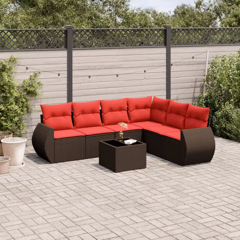 Set Divani da Giardino vidaXL 7 pz in Polyrattan Marrone con Cuscini e Tavolino da Esterno