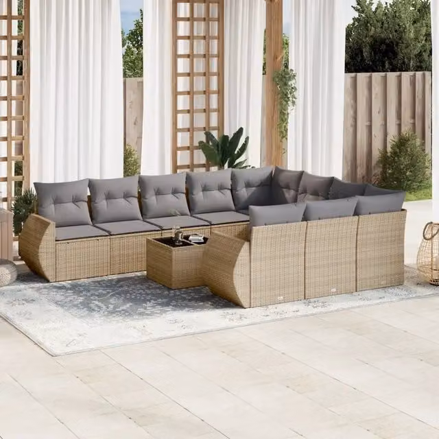Set di Divani da Giardino vidaXL a Forma di U composto da 11 Pezzi con Cuscini Beige e Tavolino in Vetro – 1