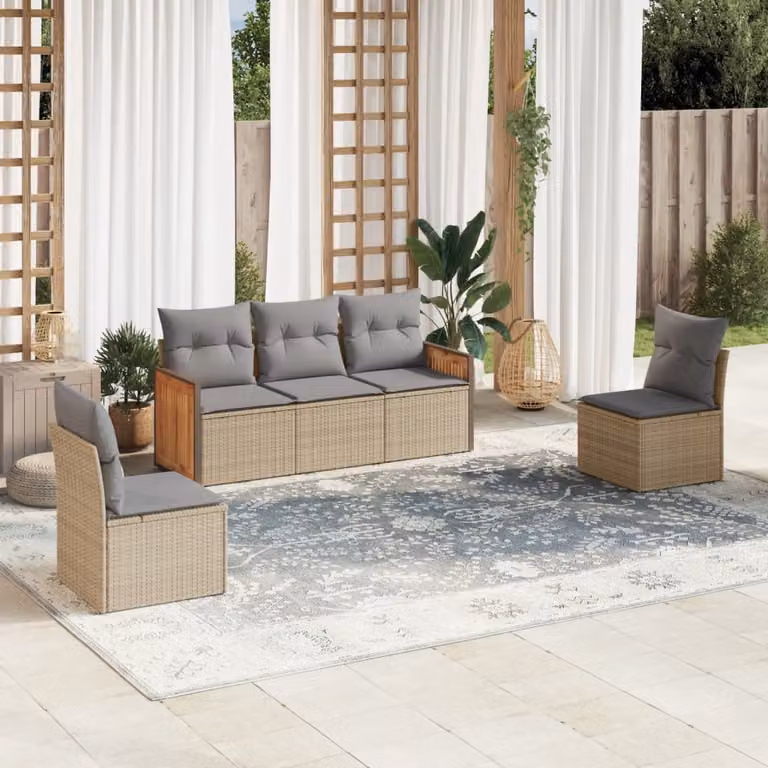 vidaXL Set Divano da Giardino 5 pz a L in Polyrattan Beige con Cuscini Imbottiti e Coperture Rimosse