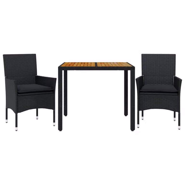 Set Pranzo da Giardino 3 pz con Cuscini Nero Polyrattan Acacia