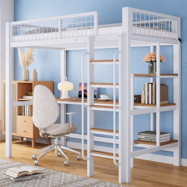 Letto a soppalco 90x200 cm con scrivania; ripiani; scala a 5 gradini e parapetto; metallo e MDF; bianco e naturale