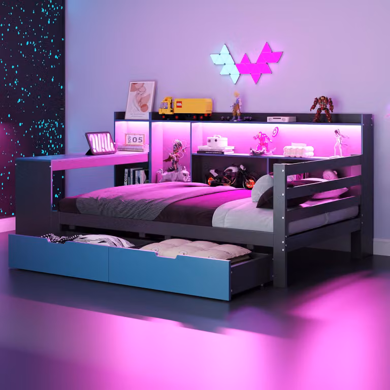 MODFU Letto pieghevole 90x200, letto in legno con illuminazione integrata e prese elettriche, letto singolo con comodino e cassetti, struttura del letto con vani portaoggetti e ripiani, senza materasso, nero+blu