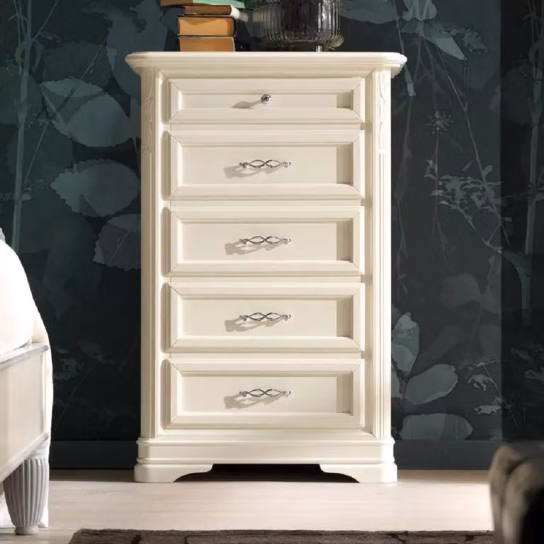Settimanale classico Mobili 2G con 5 cassetti in legno massello avorio L: 65 cm, P: 42 cm, H: 100 cm