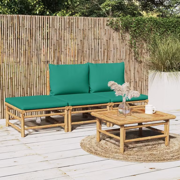 Set Salotto da Giardino vidaXL in Legno di Bambù con Cuscini Verdi e Marroni, Composto da Divano a 2 Posti, Tavolino e Pouf