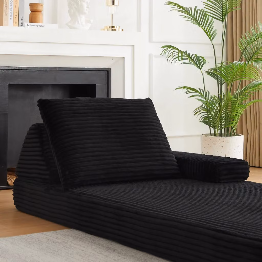 Divano modulare WISHDOR in velluto a coste nero con funzione letto e schienali regolabili, Larghezza: 211 cm – 2