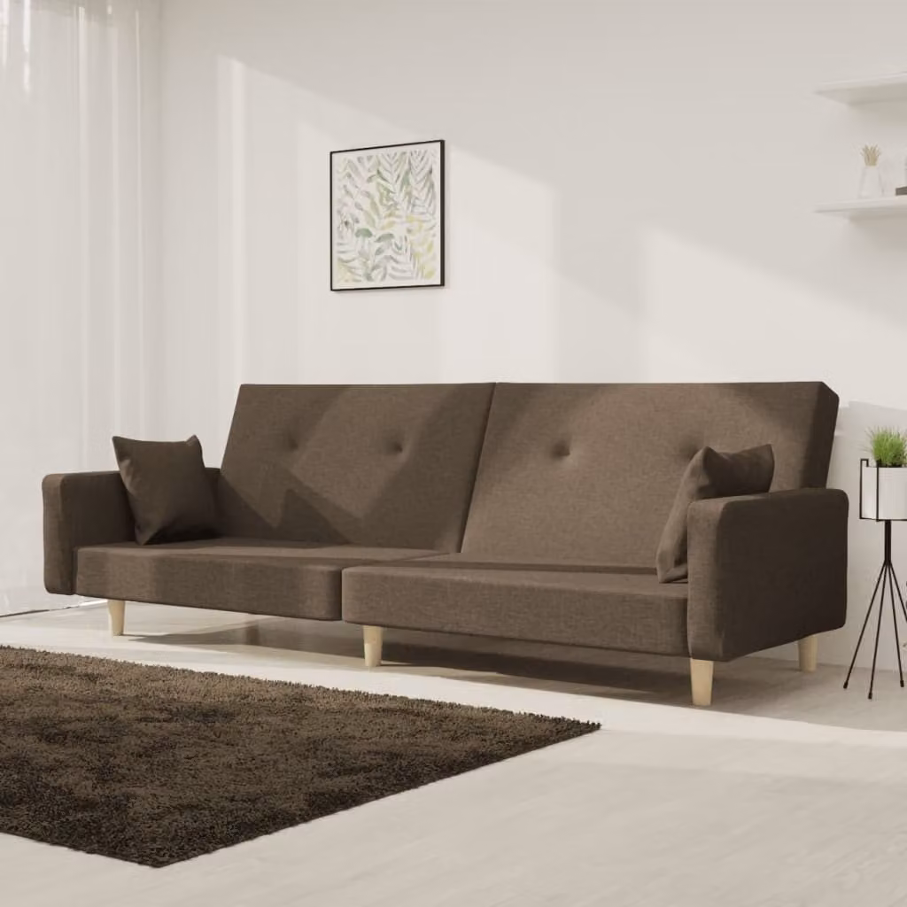 Divano letto 2 posti con 2 cuscini, rivestito in tessuto color taupe