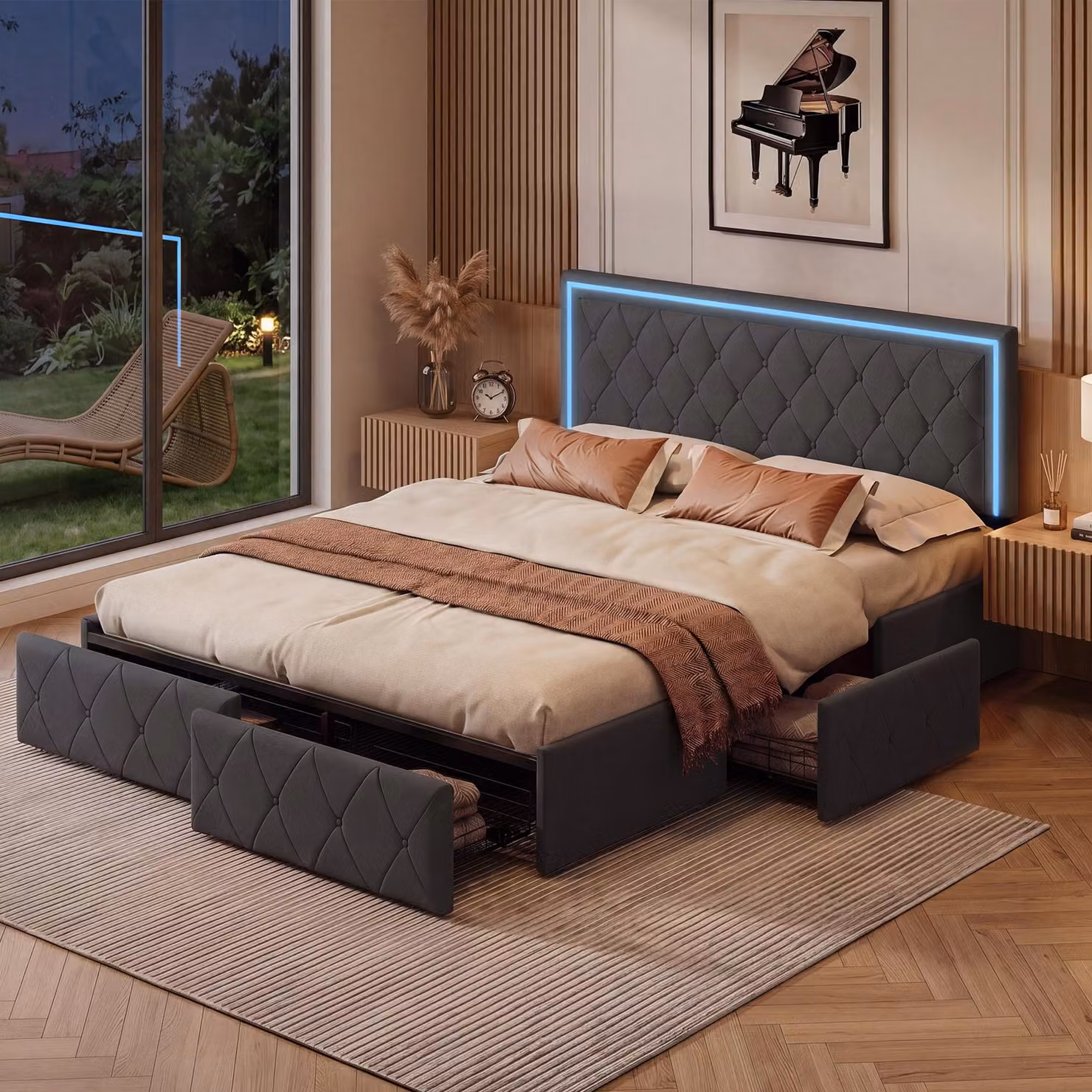Letto imbottito UnboxG, 140x200 cm, con LED, 4 cassetti e poggiatesta regolabile in altezza, rivestito in ecopelle grigia, completo di rete