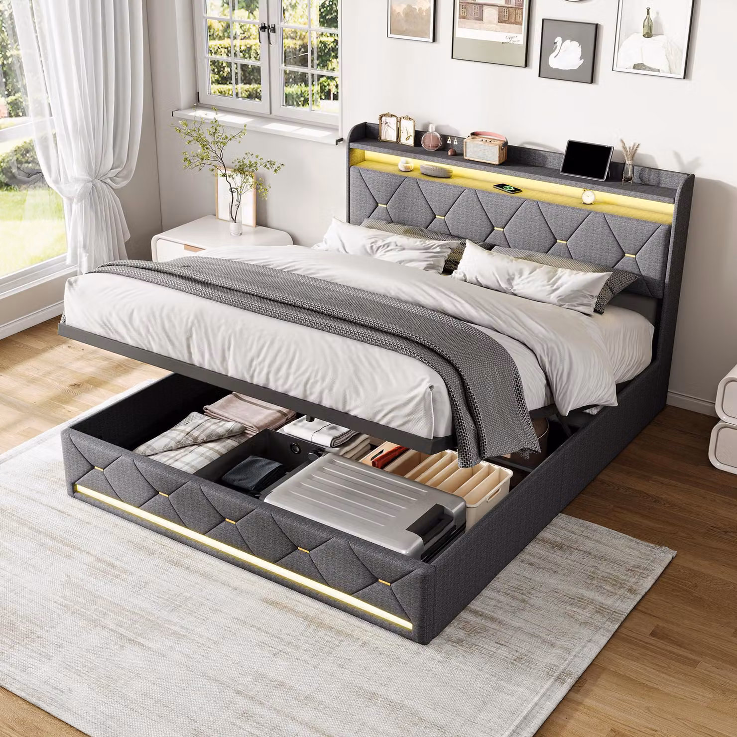 Letto contenitore ProximaX, dimensioni 160x200 cm, grigio, rivestito in lino, con LED RGB, porta USB-C e sistema di sollevamento idraulico