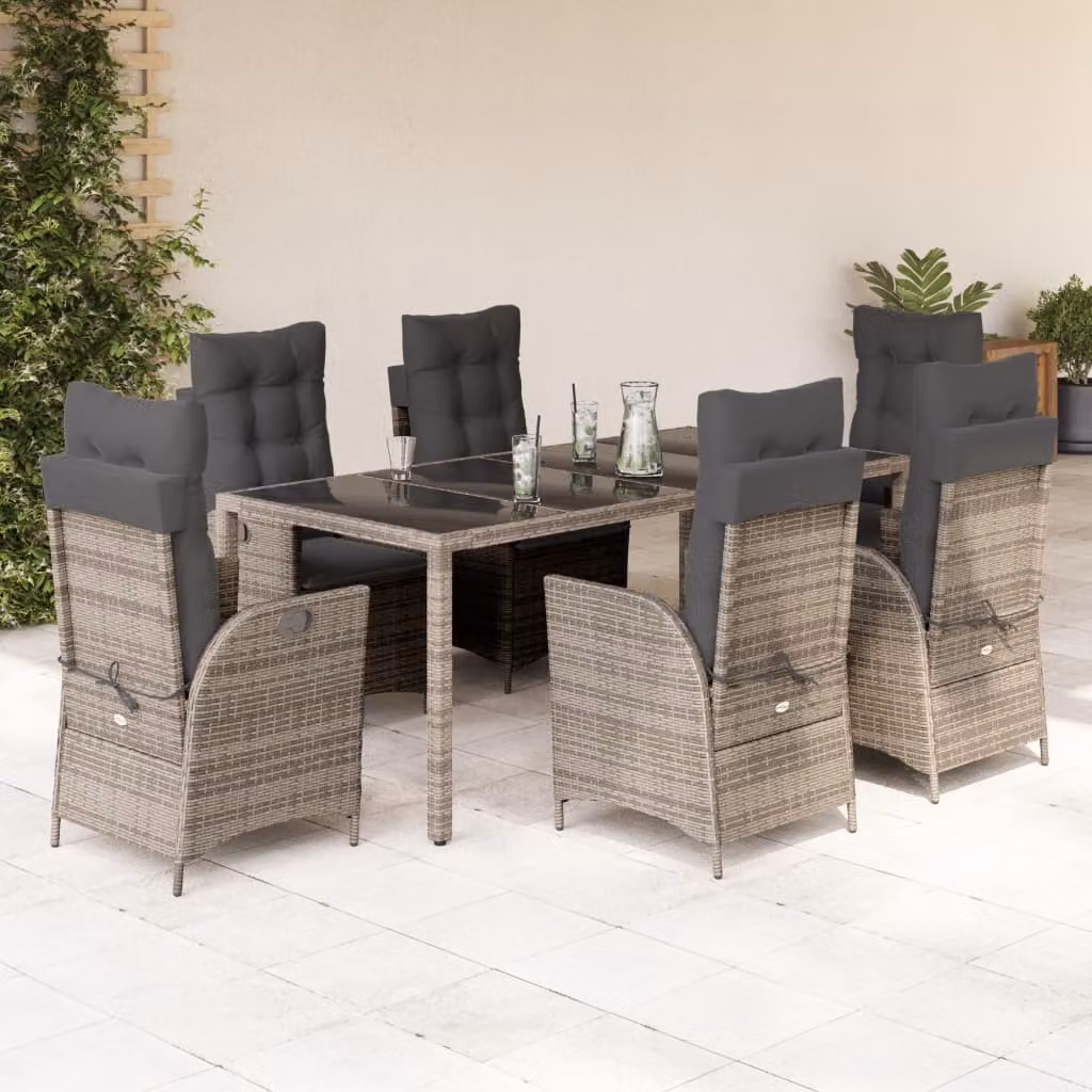 Set da Pranzo da Giardino vidaXL in Polyrattan e Metallo con Cuscini e Tavolo in Vetro Grigio, 7 Pezzi