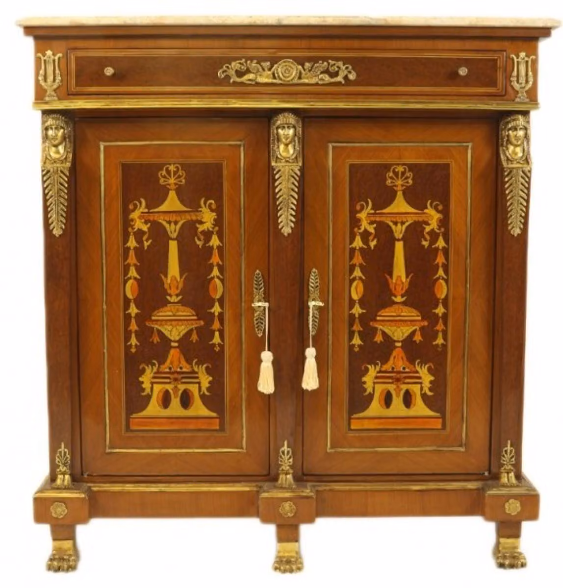 Comò "Empire" della collezione "Barock" di Casa Padrino, in mogano intarsiato, con piano in marmo. Dimensioni: 110 x 40 x 115 cm (larghezza x profondità x altezza)