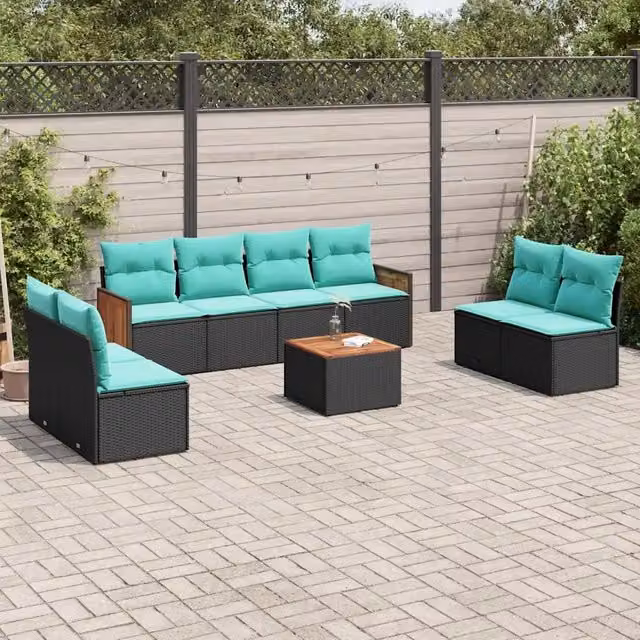 Set Divani da Giardino 9 pz con Cuscini Nero in Polyrattan 3227576