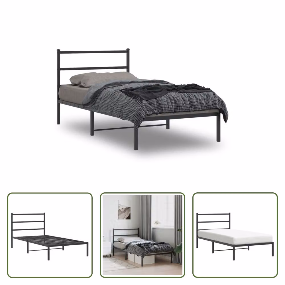 The Living Store Struttura letto con testiera in metallo nero 107x203 cm