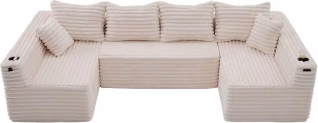 Divano modulare a U 320x155x88 cm in velluto a coste beige con portabicchieri