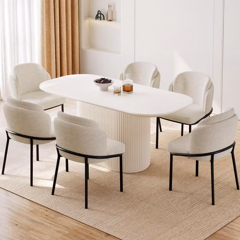 Set tavolo da pranzo con 6 sedie, design scandinavo, colore bianco, dimensioni 160 cm