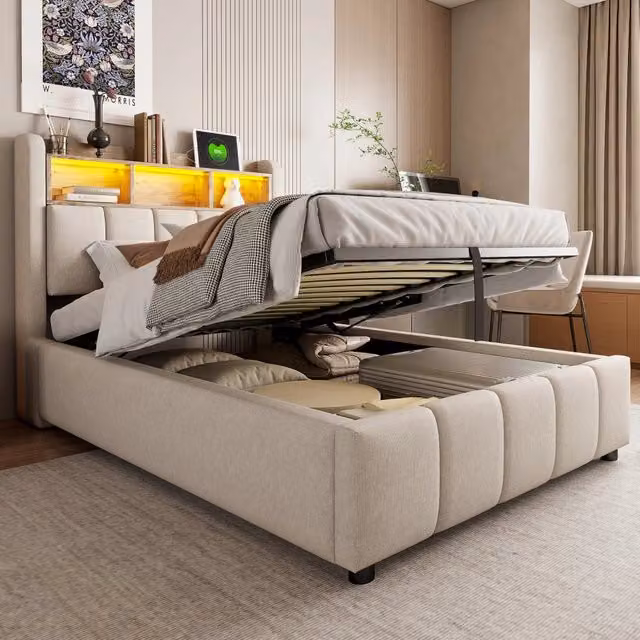 letto imbottito lino beige 90 x 200 cm