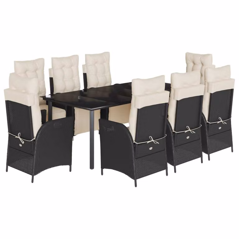 Set da Pranzo da Giardino 9 pz con Cuscini Nero in Polyrattan