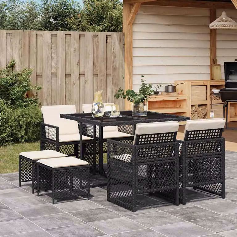 Set da Pranzo da Giardino vidaXL in Polyrattan Nero con Cuscini e Tavolo in Vetro, 9 Pezzi