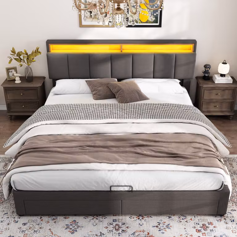 Letto imbottito MODFU letto matrimoniale 160x200cm con contenitore, rete idraulica con giroletto, testata in schiuma stivabile, grigio (con materasso)