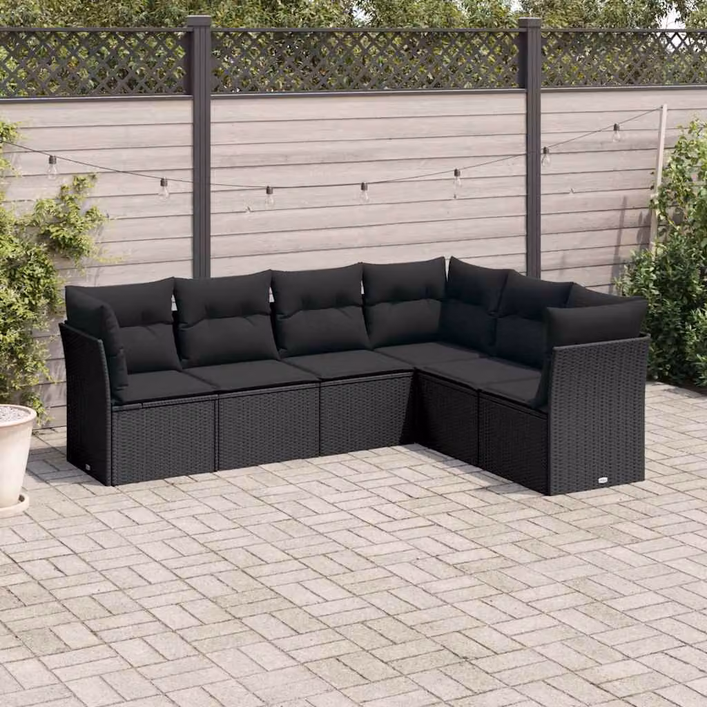 Set Divano da Giardino a L vidaXL 6 pz con Cuscini Neri in Polyrattan e Acciaio – 1