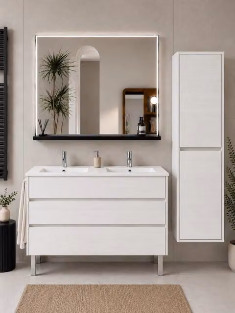 Mobile bagno con lavabo ORIGENBATH IMPERIA senza specchio 120x45 cm doppio lavabo bianco nordico con colonna