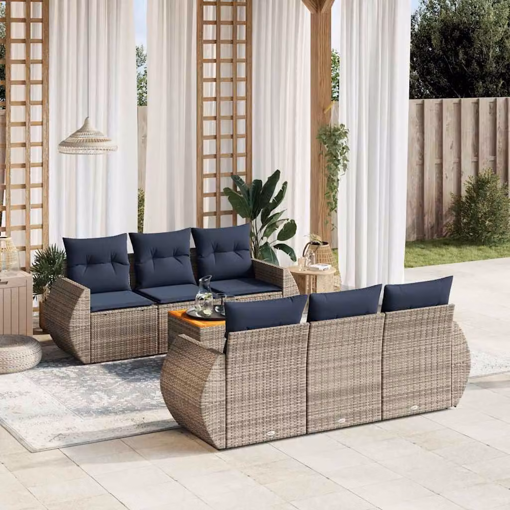 Set da giardino vidaXL in polyrattan grigio composto da 7 pezzi con cuscini inclusi