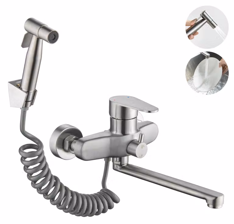 Miscelatore da cucina a parete, finitura in nichel spazzolato, 23 cm, girevole a 360°, con doccetta