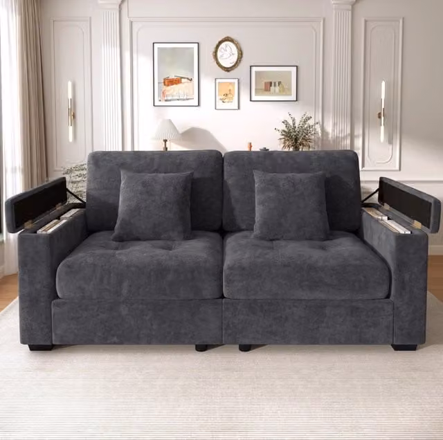 Divano 2 posti ULEVR 180 cm con vani nei braccioli e tasche laterali, chenille grigio scuro, 2 cuscini