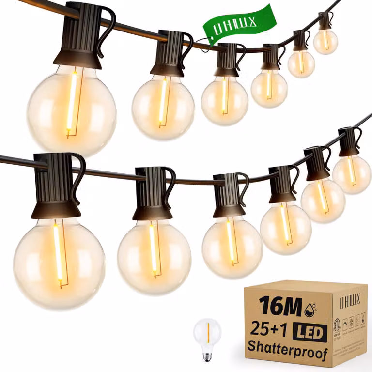 Catena luminosa a LED, lunghezza 16 metri, 25 lampadine G40, luce bianco caldo 2200 K, dimmerabile, grado di protezione IP65