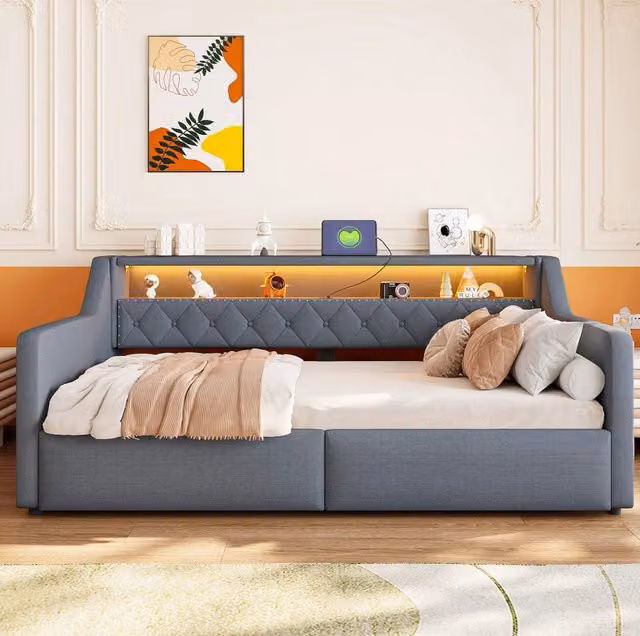 Divano letto 90x200 cm grigio in lino e MDF con vano contenitore idraulico
