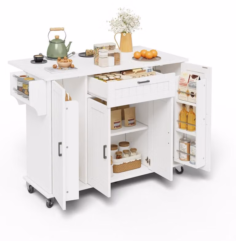 Isola mobile da cucina con piano di lavoro pieghevole e ruote, colore bianco, dimensioni 120x45-70x95 cm