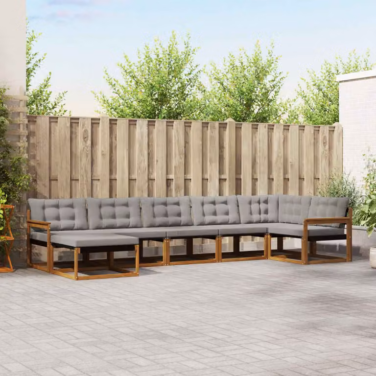 Set di divani da esterno vidaXL a forma di L composto da 7 pezzi in legno di acacia con cuscini grigi e pouf coordinato