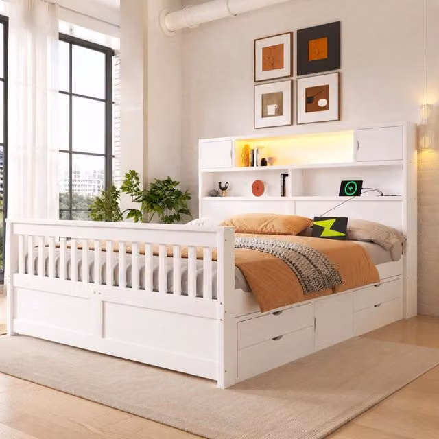 Letto matrimoniale 160 × 200 cm con 4 cassetti, mensole e LED regolabile, senza materasso, in MDF bianco