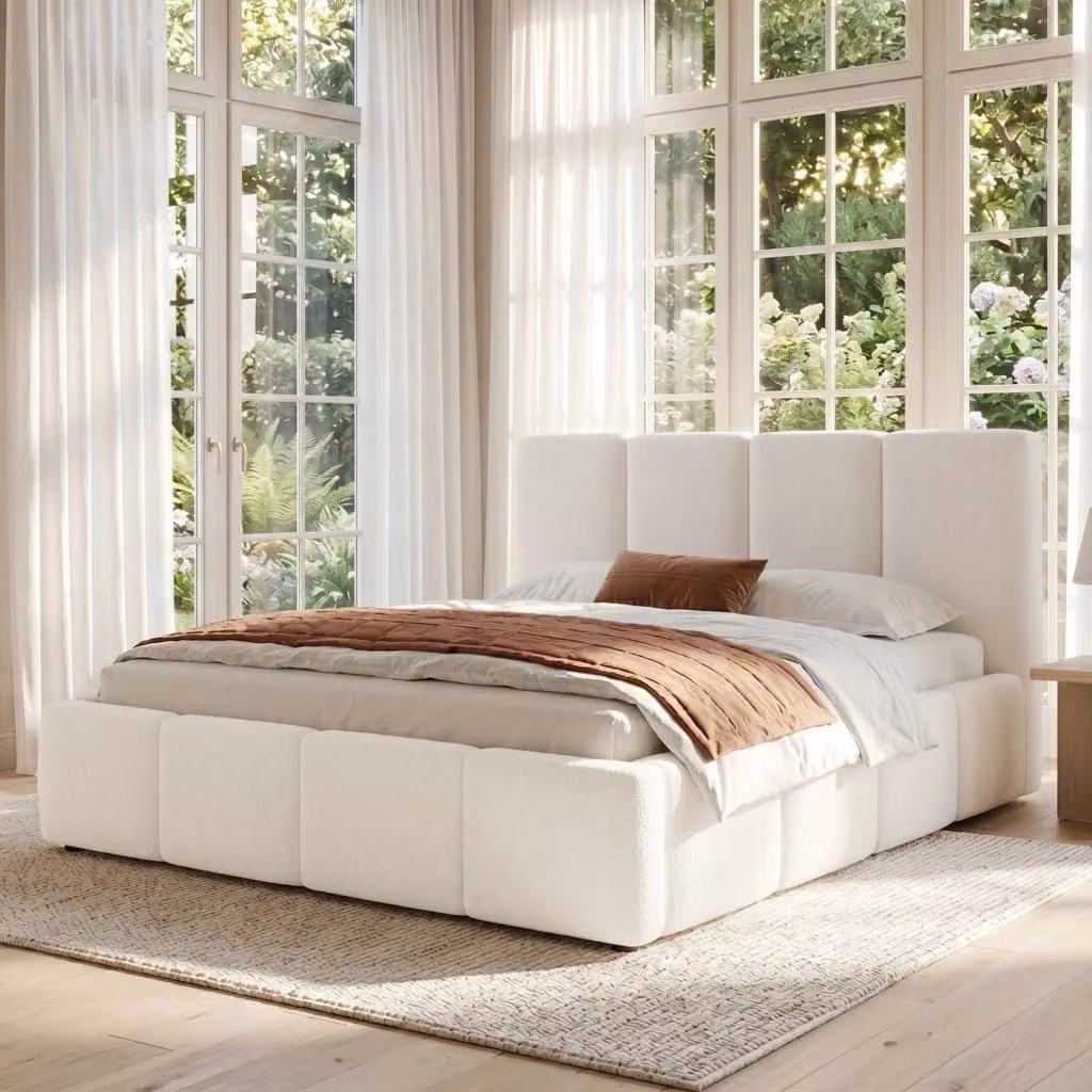 Letto imbottito con doghe e testiera in tessuto bouclé beige L 180 x P 200 cm – 2
