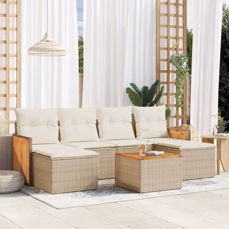 vidaXL Set Divani da Giardino 7 pz in Polyrattan con Cuscini Beige e Tavolino da Esterno