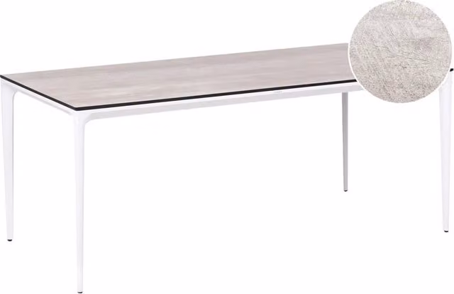 Tavolo da pranzo da giardino Piano in HPL grigio chiaro Telaio in alluminio bianco Resistente ai raggi UV all'acqua e alla ruggine Stile moderno del patio esterno