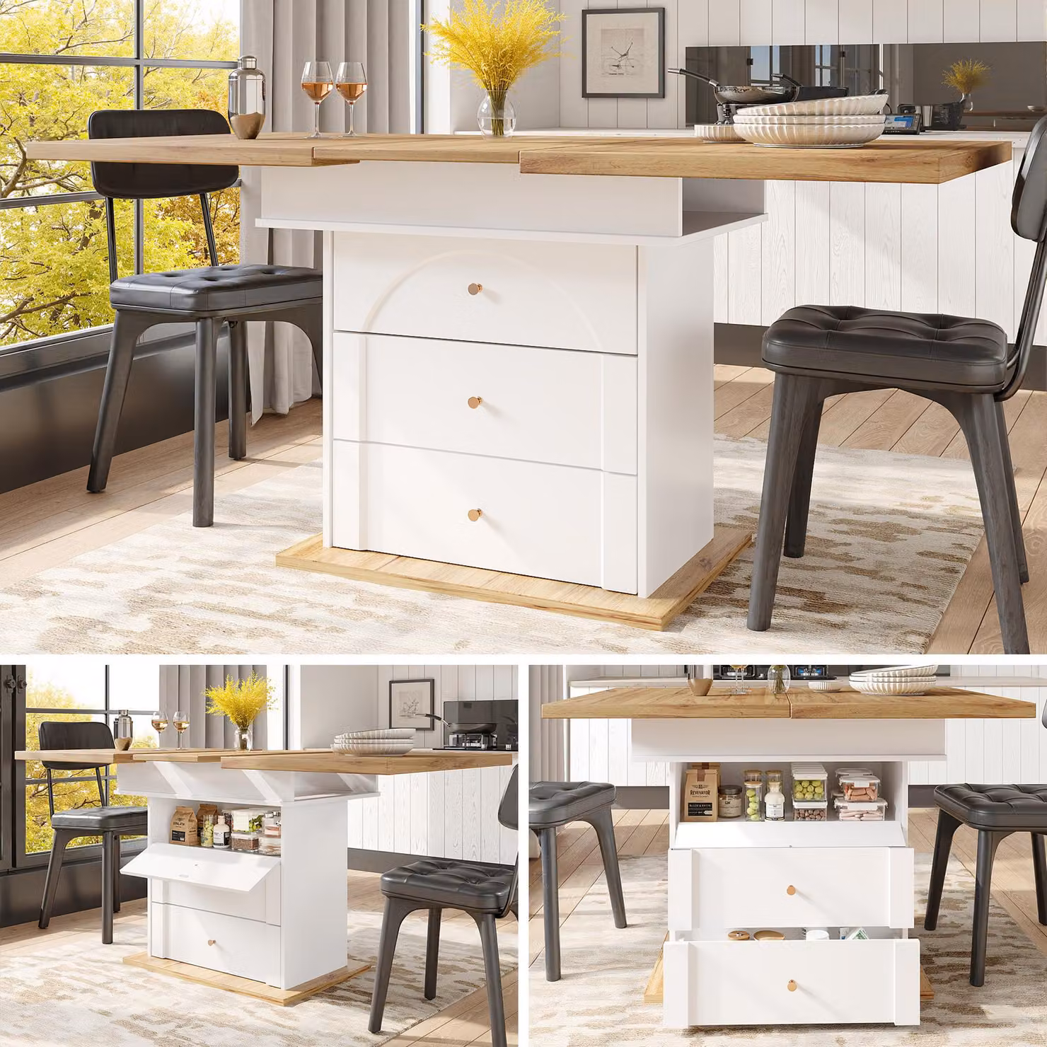Tavolo da pranzo Sweiko telescopico (110-140×80 cm), tavolo da cucina pieghevole per 4-6 persone, tavolo da pranzo allungabile, tavolo da cucina salvaspazio, per cucina e soggiorno, design minimalista con ante a ribalta, bianco