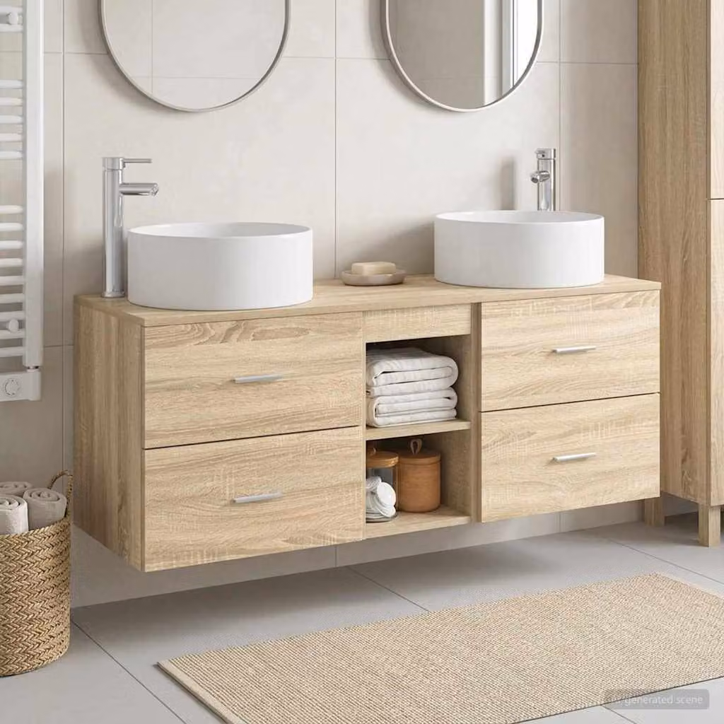 Set di mobili per il bagno vidaXL 3 pezzi in legno marrone con finitura opaca e dettagli argento, L/P/H: 129,0 x 44,5 x 80,0 cm