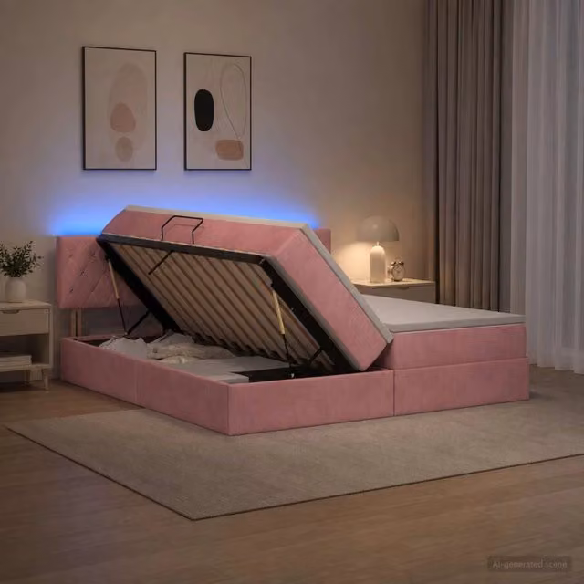 Letto con contenitore vidaXL in velluto rosa con illuminazione LED e porta USB, L/P/H: 200 x 200 x 88 cm