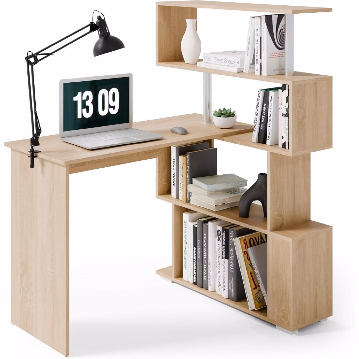 Scrivania a forma di L con libreria girevole, dimensioni 157 x 45 x 130,5 cm, finitura noce