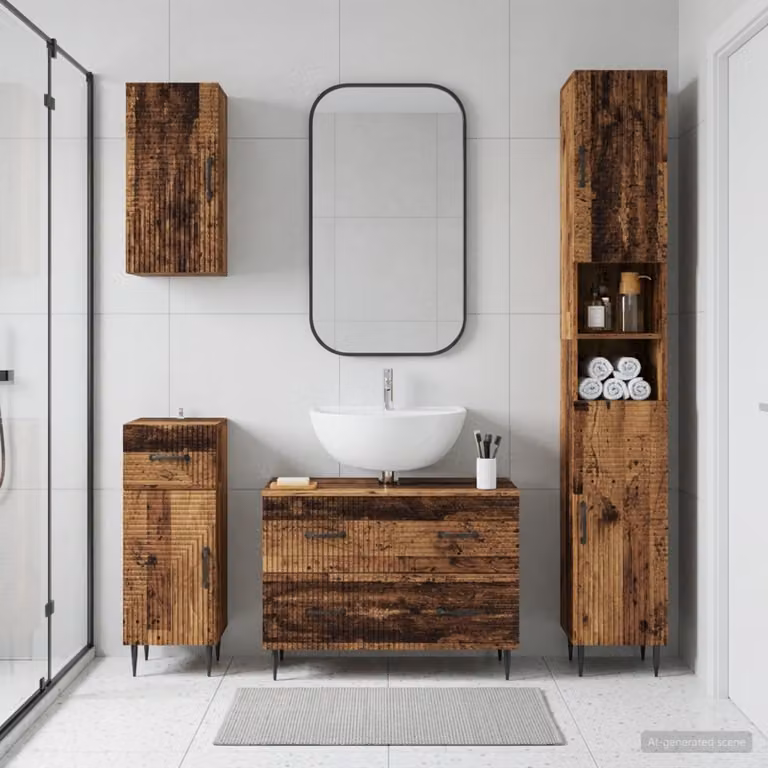 Set di mobili da bagno vidaXL HAARLEM in legno marrone antico, composto da 4 pezzi con mobile lavabo e pensili a parete
