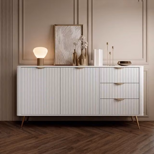 Madia Halilala DMORA con 3 cassetti, credenza moderna in legno e metallo, Bianco e Oro, L: 163 cm, P: 38 cm, H: 81 cm