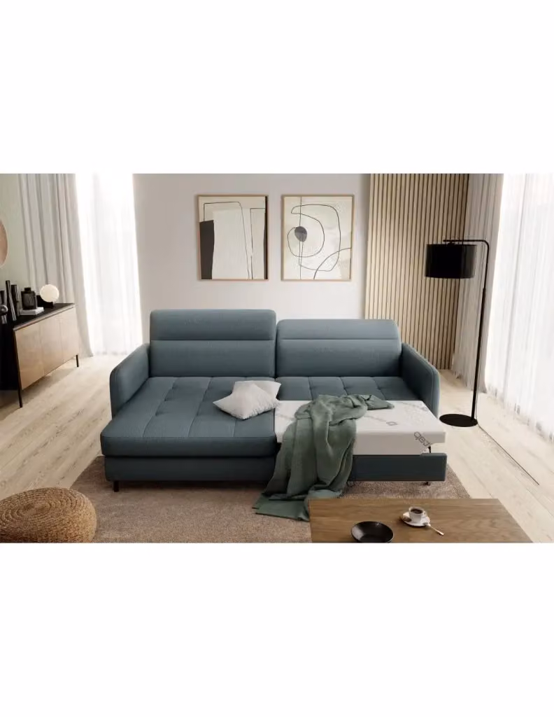 Divano ad angolo moderno MEUBLORAMA collezione GOUMSI colore verde con funzione letto e poggiatesta regolabile L/P/H: 228 x 165 x 128 cm – 2