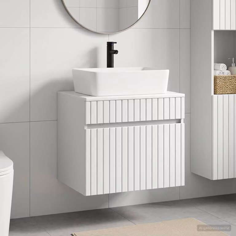 Set di mobili da bagno moderno vidaXL in MDF bianco opaco con cassetti interni e ante a battente, sospeso, L/P/H: 59,0 x 44,5 x 27,23 cm